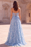 Vestido de baile de finalistas Longo de folhas de finalistas azul claro A-Line A-Line Pérolas Sem Alças, Vestido de Baile Longo com Fenda