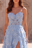 Vestido de baile de finalistas Longo de folhas de finalistas azul claro A-Line A-Line Pérolas Sem Alças, Vestido de Baile Longo com Fenda