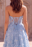 Vestido de baile de finalistas Longo de folhas de finalistas azul claro A-Line A-Line Pérolas Sem Alças, Vestido de Baile Longo com Fenda