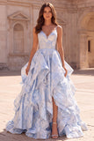 Vestido de baile de finalista azul claro Jacquard A-Line com Folhos e Alças Finas Longas