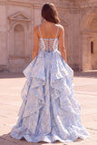 Vestido de baile de finalista azul claro Jacquard A-Line com Folhos e Alças Finas Longas