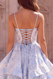 Vestido de baile de finalista azul claro Jacquard A-Line com Folhos e Alças Finas Longas