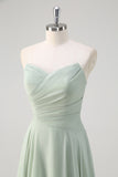 Matcha A Line Strapless Ruched Chiffon Vestido Longo Madrinha