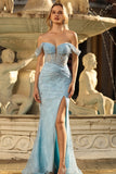 Vestido de Baile Longo Azul Brilhante com Ombro a Ombro e Lantejoulas