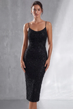 Vestido Midi Sheath de Alças Finas Preto Brilhante