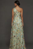 Vestido de Cerimónia Longo Floral Malva com Um Ombro e Fenda