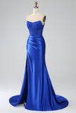 Sereia Azul Real Strapless Long Corset Prom Dress com Fenda