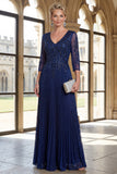 Vestido de Mãe da Noiva, Vestido Azul-Marinho Brilhante com Decote em V, Linha A