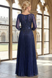 Vestido de Mãe da Noiva, Vestido Azul-Marinho Brilhante com Decote em V, Linha A