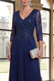 Vestido de Mãe da Noiva, Vestido Azul-Marinho Brilhante com Decote em V, Linha A
