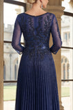Vestido de Mãe da Noiva, Vestido Azul-Marinho Brilhante com Decote em V, Linha A