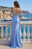 Vestido de Baile de Sereias de Cetim Azul Claro com Aplicações de Um Ombro