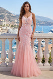 Vestido de Baile de Tule com decote em V e decote em V cor-de-rosa