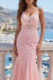 Vestido de Baile de Tule com decote em V e decote em V cor-de-rosa