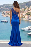 Vestido de Baile de Cetim de Sereia Azul Real de Um Ombro com Fenda