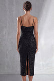 Vestido Midi Sheath de Alças Finas Preto Brilhante