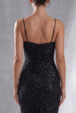 Vestido Midi Sheath de Alças Finas Preto Brilhante