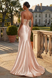 Vestido de Baile de Finalistas Longo Aplicado Champanhe Sem Alças, Vestido de Baile Longo com Fenda