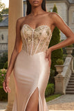 Vestido de Baile de Finalistas Longo Aplicado Champanhe Sem Alças, Vestido de Baile Longo com Fenda