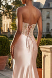 Vestido de Baile de Finalistas Longo Aplicado Champanhe Sem Alças, Vestido de Baile Longo com Fenda