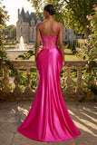 Vestido de Baile de Finalistas Longo com Espartilho de Sereia com Missangas Florais Fúcsia