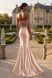 Vestido de Baile Longo Espartilho Sem Alças Champanhe e Fenda