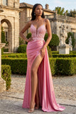 Vestido de baile de finalistas longo com alças finas de sereia com alças finas com aplicação cor-de-rosa