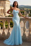 Vestido de Baile de Finalistas Longo Azul Sereia Aplicado
