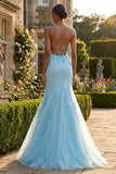Vestido de Baile de Finalistas Longo Azul Sereia Aplicado