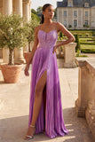Vestido de Baile Plissado Plissado Roxo com Abertura