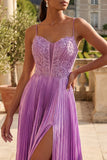 Vestido de Baile Plissado Plissado Roxo com Abertura