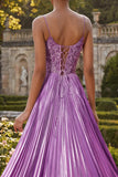 Vestido de Baile Plissado Plissado Roxo com Abertura