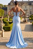 Vestido de Baile de Finalistas Longo de Cetim com Sereia Azul e Racha