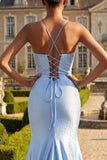 Vestido de Baile de Finalistas Longo de Cetim com Sereia Azul e Racha