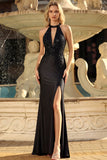 Vestido de Baile de Sereia Preto Aplicado com Abertura e Fenda