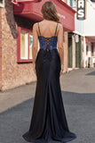 Vestido de Baile de Cetim com Sereia Preta e Fenda