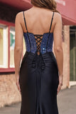 Vestido de Baile de Cetim com Sereia Preta e Fenda