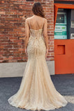 Vestido de Baile de Finalistas com Espartilho com Sereia e Lantejoulas de Champanhe