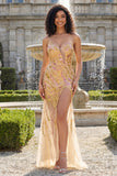 Vestido de baile de baile de finalistas dourado com alças finas e cintilante