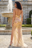 Vestido de baile de baile de finalistas dourado com alças finas e cintilante
