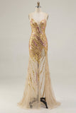Vestido de baile de baile de finalistas dourado com alças finas e cintilante