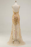 Vestido de baile de baile de finalistas dourado com alças finas e cintilante