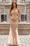 Vestido de Baile de Baile de Sereias com Lantejoulas Dourado, Decote em V, translúcido