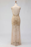 Vestido de Baile de Baile de Sereias com Lantejoulas Dourado, Decote em V, translúcido