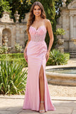 Vestido de Baile de Finalistas com Espartilho de Sereias Floral Cor-de-Rosa com Fenda