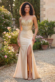 Sweetheart Champagne Corset Sereia com Miçangas, Vestido de Baile Longo com Fenda