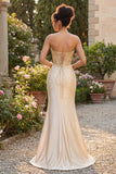 Sweetheart Champagne Corset Sereia com Miçangas, Vestido de Baile Longo com Fenda
