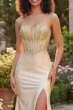 Sweetheart Champagne Corset Sereia com Miçangas, Vestido de Baile Longo com Fenda