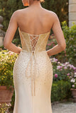 Sweetheart Champagne Corset Sereia com Miçangas, Vestido de Baile Longo com Fenda