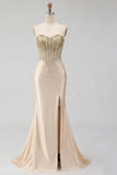 Sweetheart Champagne Corset Sereia com Miçangas, Vestido de Baile Longo com Fenda